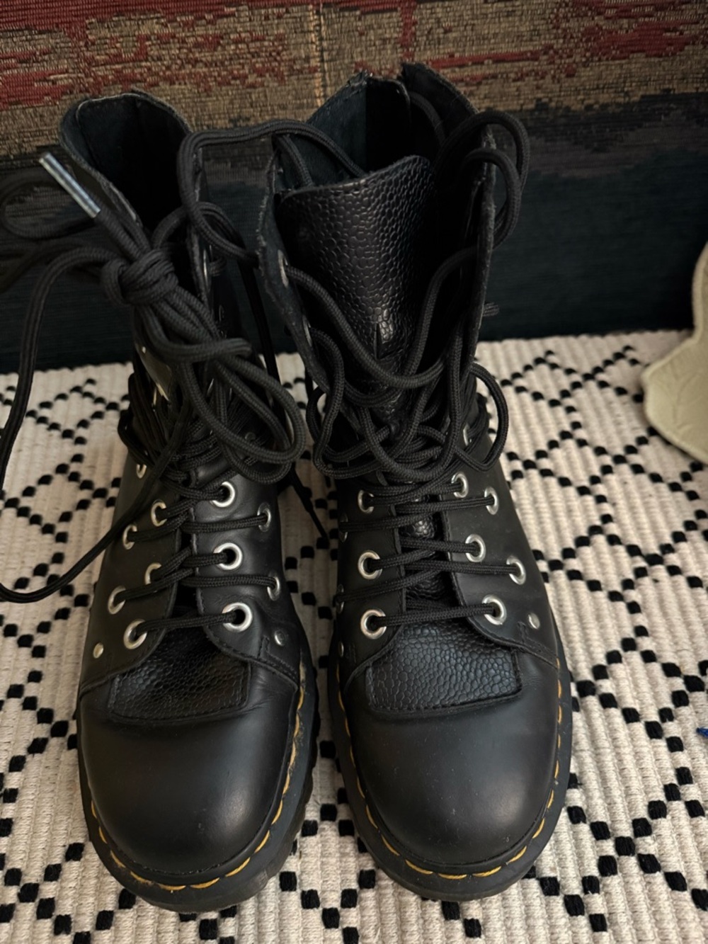 Dr. Martens Black Leather Lace-Up Combat Boots with Yellow Stitching